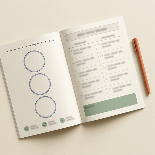 Open workbook spread with the 1–10 nervous-system scale and daily prompt boxes visible